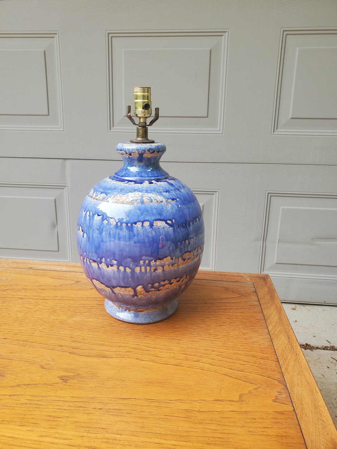 Vintage Blue Pottery Lamp Drip Glaze Finish Mid Century Modern Etsy