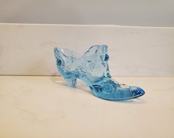 Vintage Fenton Pale Blue Shoe Handpainted By M Schliden Light Blur Glass Sliper