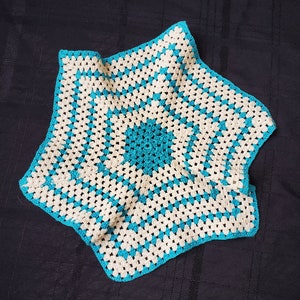Vintage Crochet Doilie Blue and Ivory Hexagon Shaped