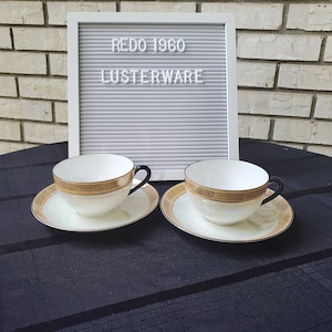 Vintage Union T Lusterwear Tea Cups Iridescent Black Trim Czechoslovakian