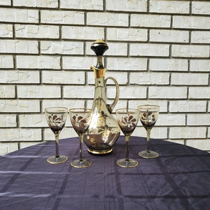 Vintage Smoke Glass Decanter and Wine Glasses Hungarian Made Glass Set