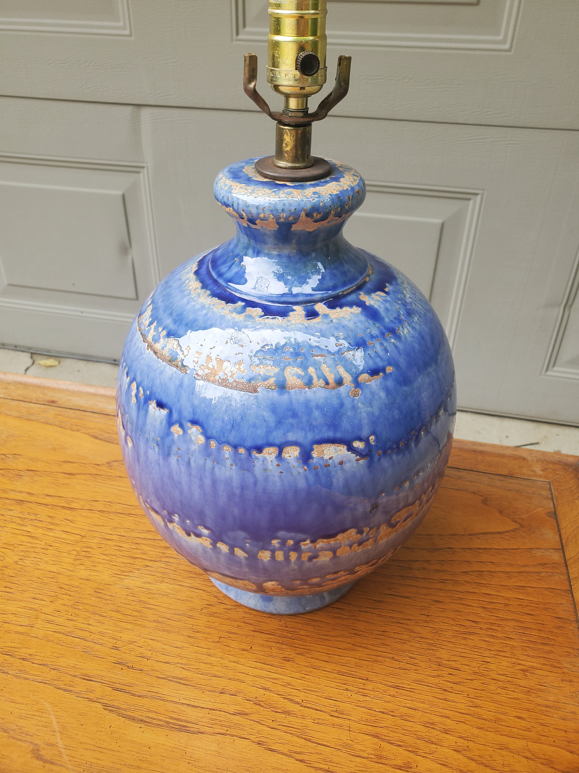 Vintage Blue Pottery Lamp Drip Glaze Finish Mid Century Modern Etsy