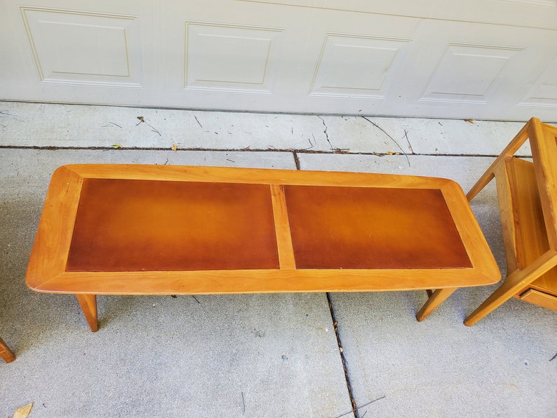 Vintage Leather Top Coffee Table End Table Set Mid Century Modern End