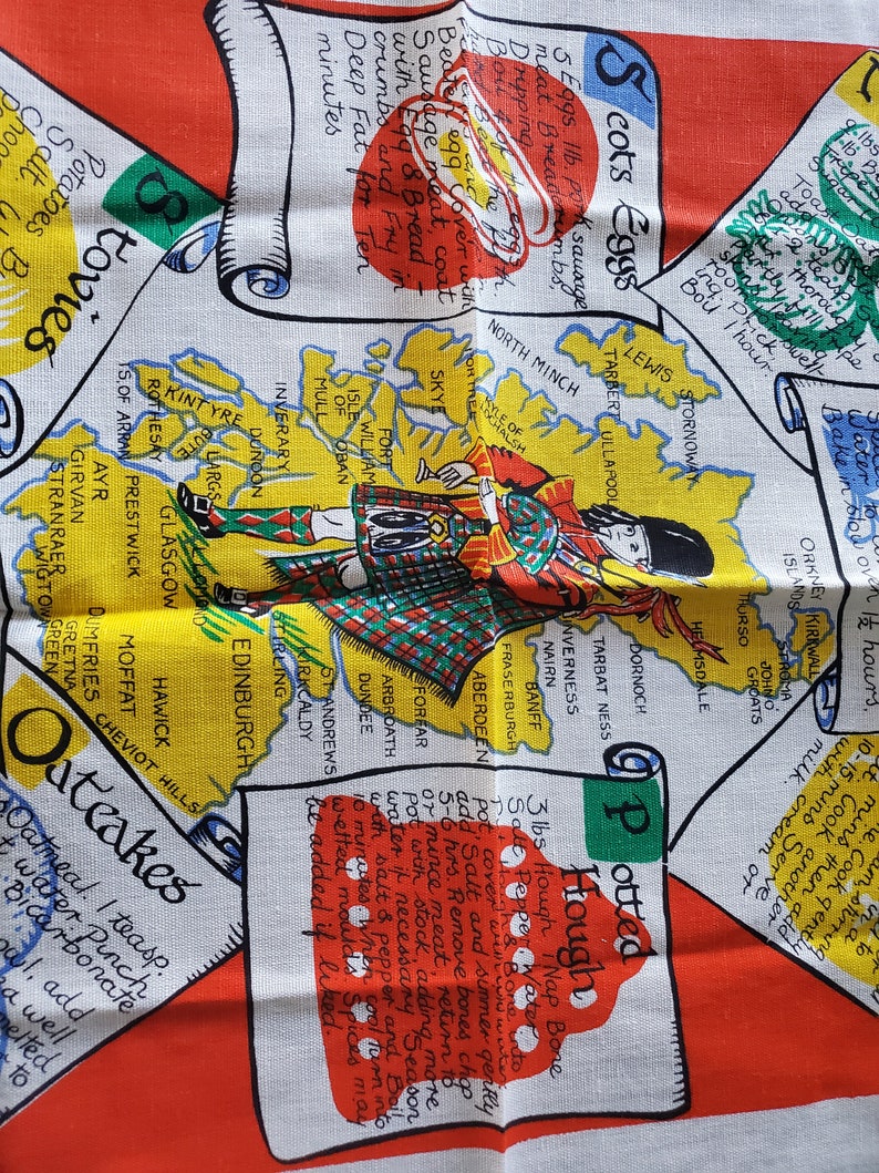 Vintage Made in Scotland Tea Cloth Mid Century Moder Bright Colors