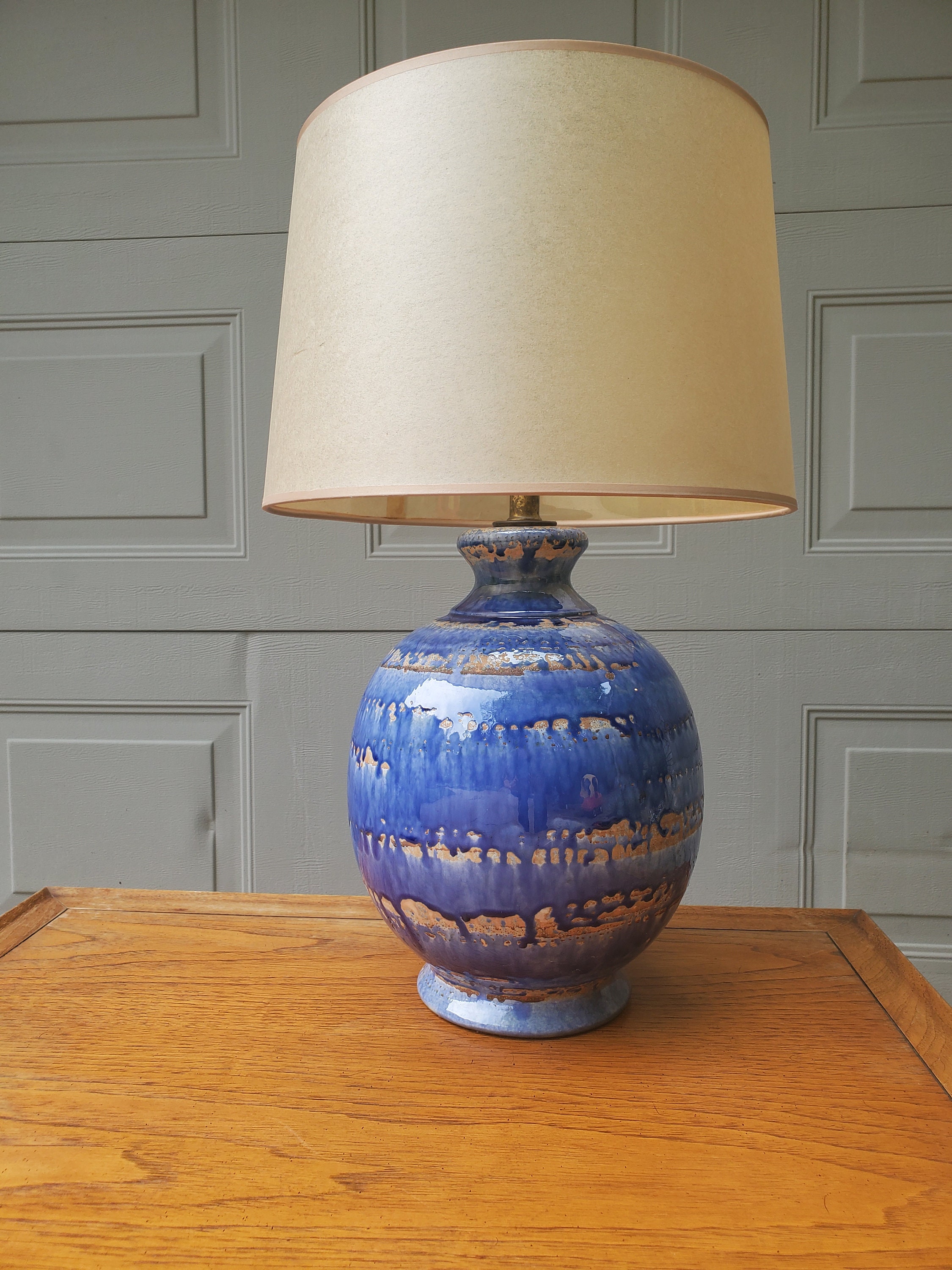 Vintage Blue Pottery Lamp Drip Glaze Finish Mid Century Modern Etsy