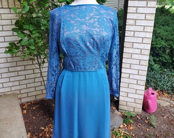 Vintage Blue Lace Dress Jackie O Style Pencil Skirt Bateau Neckline High Neckline