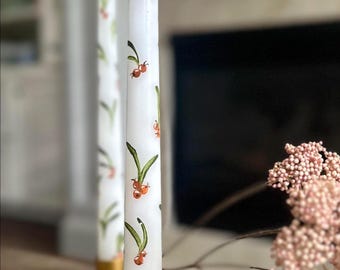 Hand Painted Tapered Candles with Elegant Orange Berries | Luxury Home Decor  | Artisan Gift for Hostess | Wedding Centerpiece | Fall Candle
