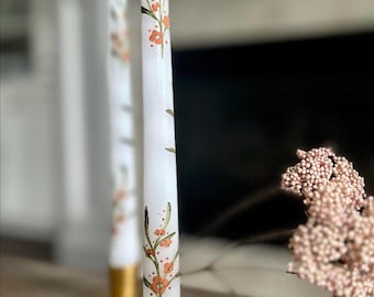 Hand Painted Tapered Candles with Elegant Orange Flowers | Luxury Home Decor  | Artisan Gift for Hostess | Wedding Centerpiece | Fall Candle