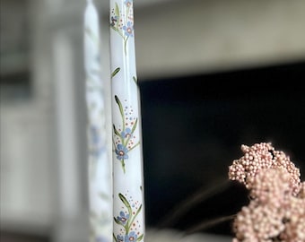 Hand Painted Tapered Candles with Elegant Blue Flowers | Luxury Home Decor  | Artisan Gift for Hostess | Home Accent | Wedding Centerpiece