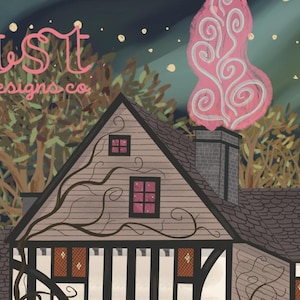 May include: A whimsical illustration of a house with a pink smoke plume coming from the chimney. The house has a gray wooden exterior with vines growing up the side. The house has multiple windows with a starry pattern. The text "WSIT designs co" is in the upper left corner of the image.