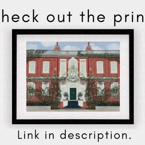 May include: A digital illustration of a red brick building with a green door and a black wrought iron gate. The building has a symmetrical design with two windows on each side of the door. The building is surrounded by green bushes and trees.