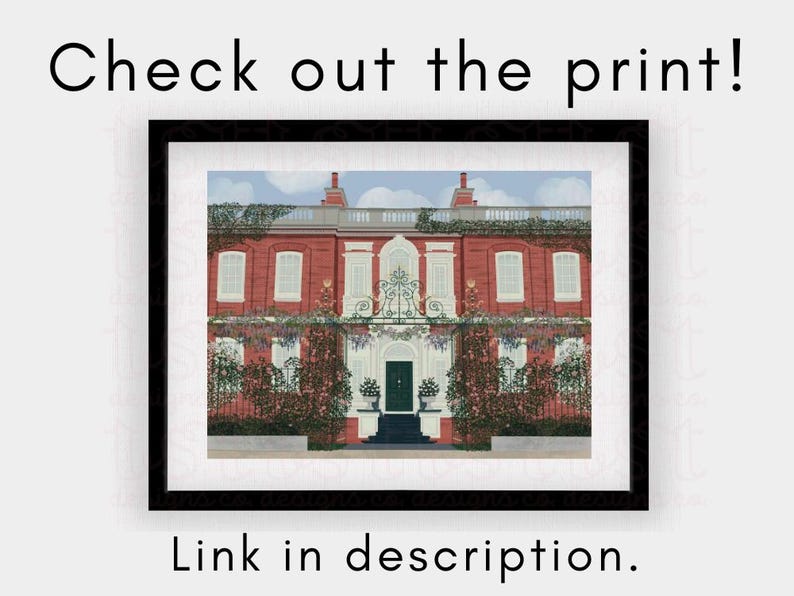 May include: A digital illustration of a red brick building with a green door and a black wrought iron gate. The building has a symmetrical design with two windows on each side of the door. The building is surrounded by green bushes and trees.