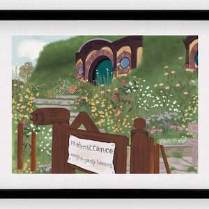 May include: A whimsical illustration of a hobbit hole with a green door and a sign that reads "no admittance except on party business". The hobbit hole is surrounded by a lush garden with colorful flowers.