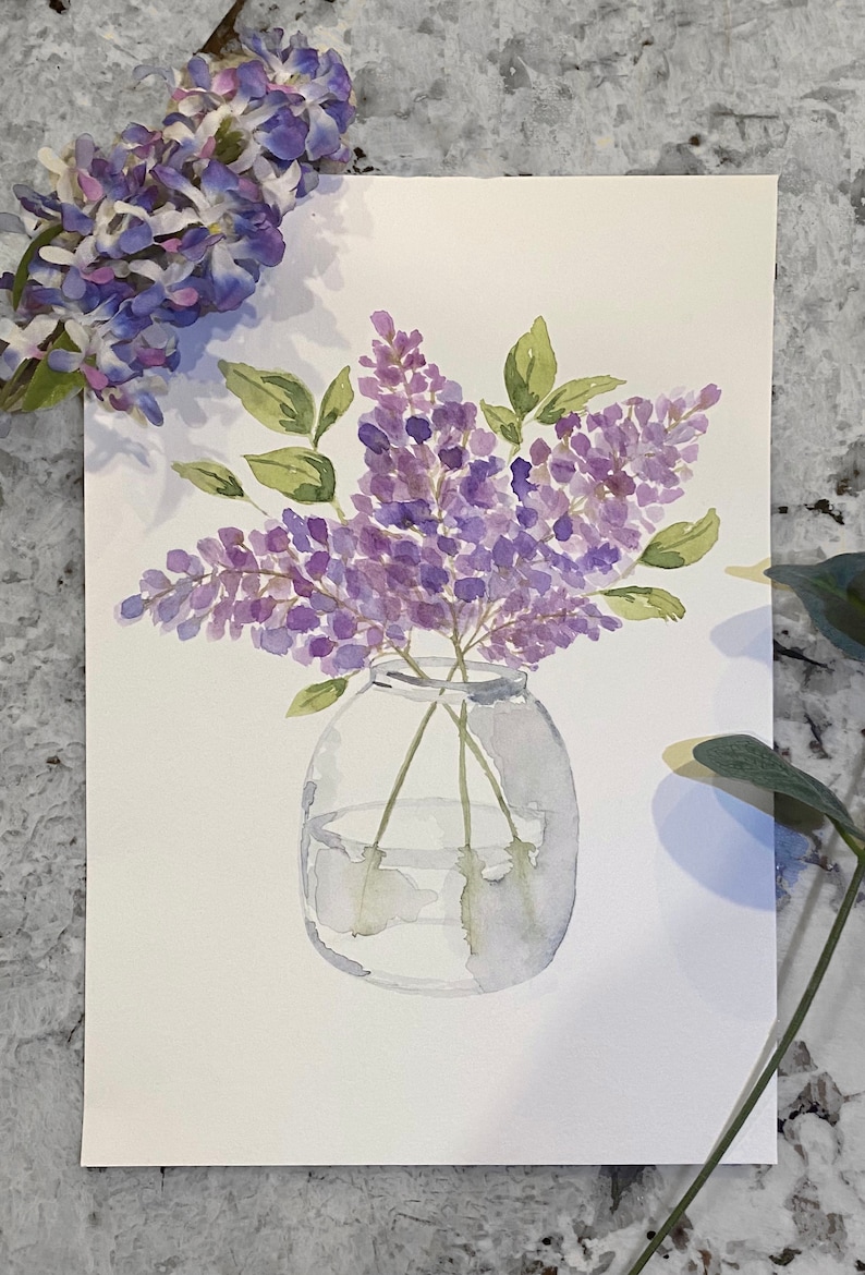 Lilacs in Vase | Cute Floral Watercolor Art Print | Purple Flowers ...