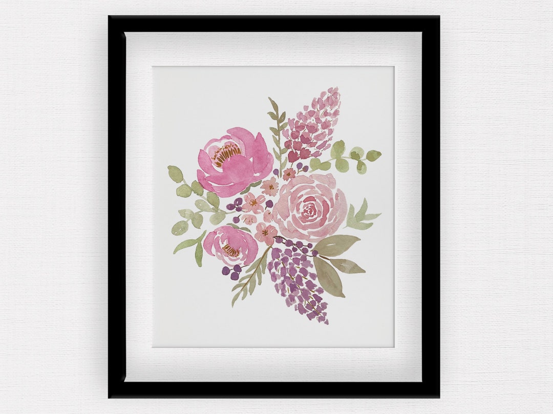 Floral Watercolor Bouquet Art Print | Pink Peony | Pink Rose | Wall Art ...