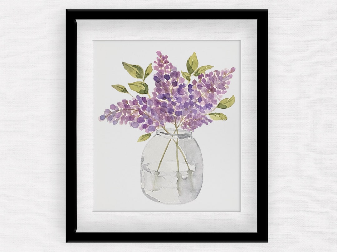 Lilacs in Vase | Cute Floral Watercolor Art Print | Purple Flowers ...