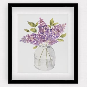 Lilacs in Vase | Cute Floral Watercolor Art Print | Purple Flowers ...