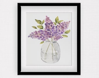 Lilacs in Vase | Cute Floral Watercolor Art Print | Purple Flowers | Wall Art