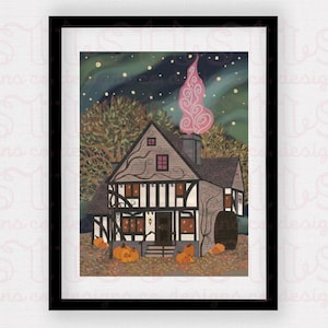 May include: A digital illustration of a spooky, dark-colored house with a white trim and a pink, swirling smoke coming from the chimney. The house is surrounded by trees and pumpkins. The background is a dark blue sky with stars.