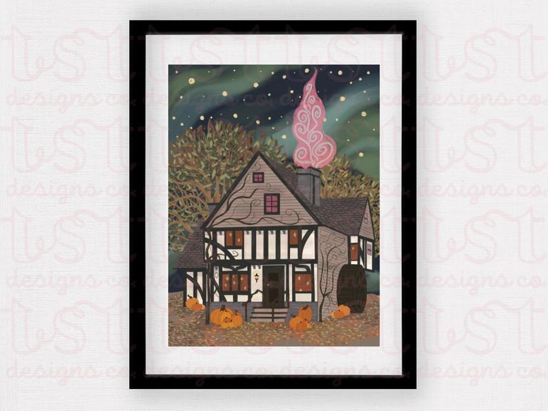 May include: A digital illustration of a spooky, dark-colored house with a white trim and a pink, swirling smoke coming from the chimney. The house is surrounded by trees and pumpkins. The background is a dark blue sky with stars.
