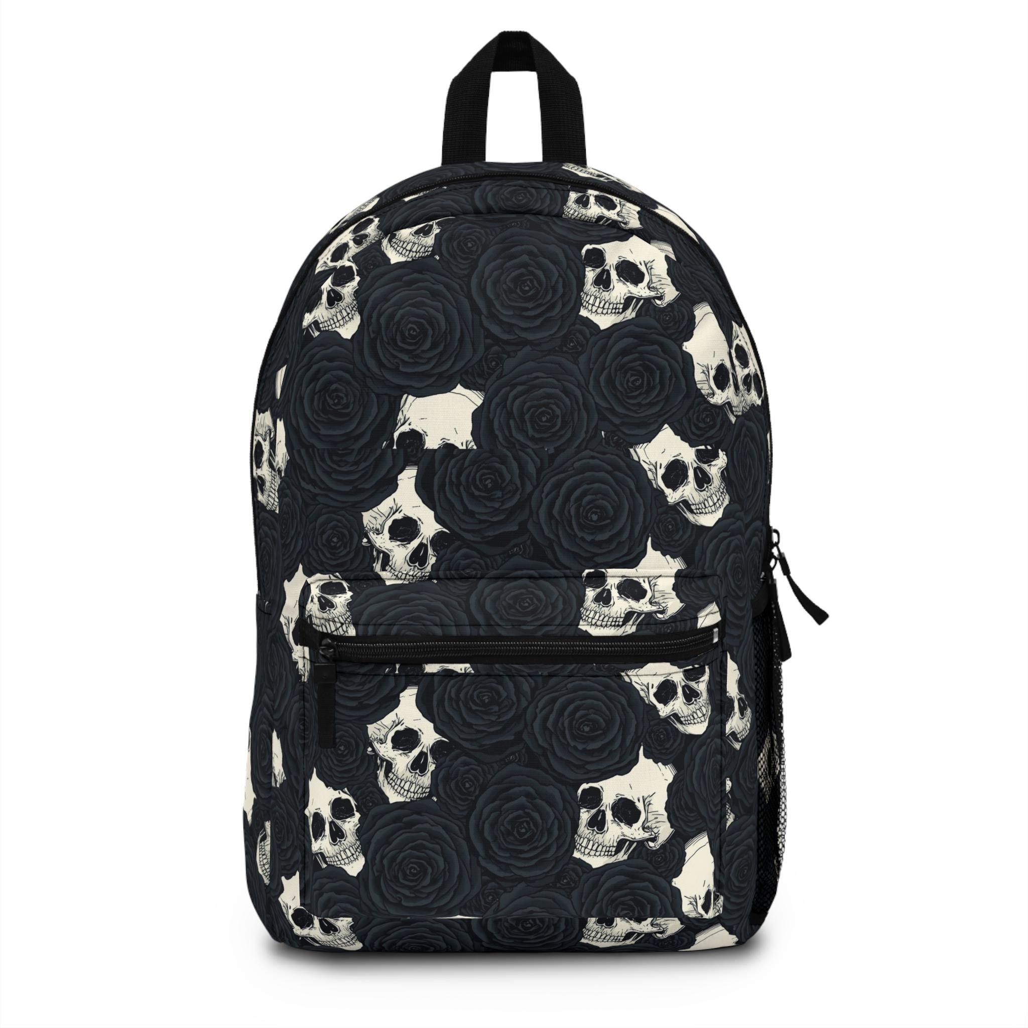 Tactical Floral Skull Backpack - Black with Red & Gold Accents Skulls & Roses Backpack – GOTHX UK main image 3