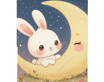 Moon Bunny Nursery Art baby swaddle blanket | Cute moon and rabbit design