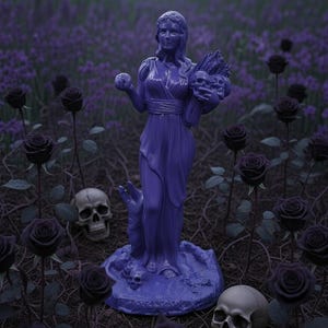 Op de afbeelding: Een paars beeld van een vrouw die een bol en een bundel schedels vasthoudt, omringd door zwarte rozen en schedels. Het beeld staat in een veld met paarse bloemen, wat een gotische en artistieke scène creëert.