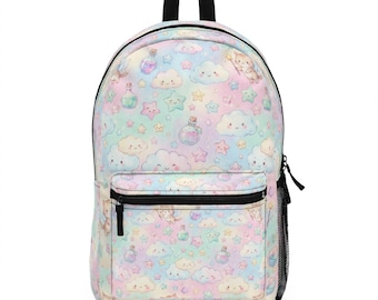 Sac à dos Kawaii avec nuages pastel, chats et étoiles | Imprimé nuage arc-en-ciel mignon
