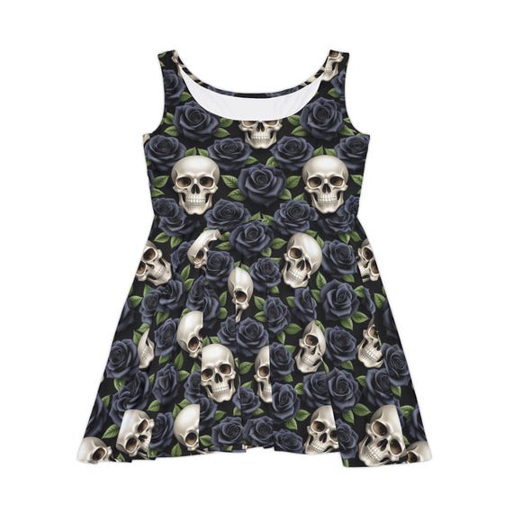black dress skulls and roses Skull Rose Pattern Skater | Gothic Floral AOP skeleton wedding dress
