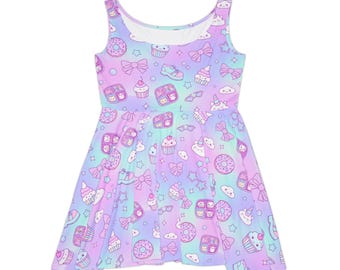 Kawaii-Süßigkeiten-Skaterkleid | pastellfarbene Cupcake-Donut-Schleifen