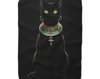 Egyptian Black Cat ankh necklace Sherpa Fleece Blanket | Mystic Egyptian Cat Throw | Bast | Bastet | Cat