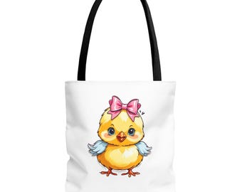 Cute Chick with Pink Bow Tote Bag | Cartoon Baby Bird Illustration, Chick, Chicken