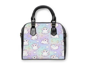 Kawaii Chubby Cat Pattern Shoulder Handbag | Pastel Moon Stars Cute Kitty