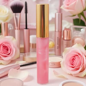 May include: A pink lip gloss tube with a gold cap is the focal point, surrounded by makeup brushes, mascara, and compacts. Soft pink roses and petals add a delicate touch to the beauty product arrangement. The overall aesthetic is feminine and elegant.