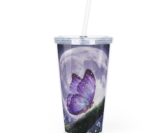 Lila Moonlit Schmetterling Plastikbecher mit Strohhalm | Nachthimmel Blumen | Schmetterling Becher