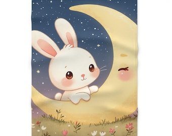 Bunny on Crescent Moon baby blanket | Cute Night Sky nursery blanket