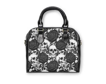 Skull and Roses Shoulder Handbag | Gothic Skull Rose Pattern