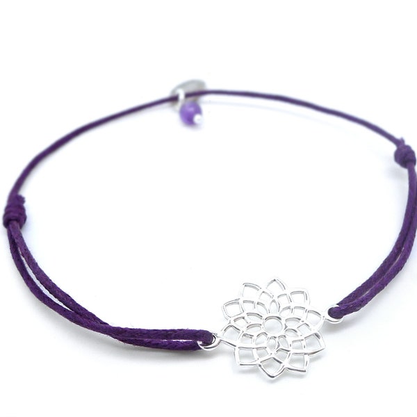 Bracelet Chakra Couronne en argent 925, améthyste et cordon violet en coton ciré coulissant