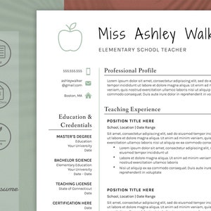 Może przedstawiać: Szablon CV z zielonym ikoną jabłka i tekstem "Miss Ashley Walker Nauczycielka szkoły podstawowej" u góry. CV zawiera sekcje dotyczące profilu zawodowego, wykształcenia i kwalifikacji oraz doświadczenia zawodowego.