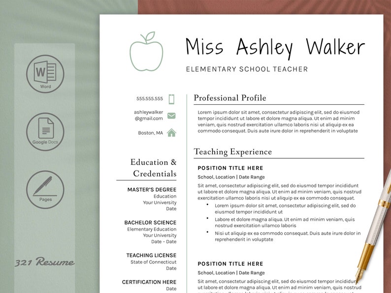 May include: A resume template with a green apple icon and the text "Miss Ashley Walker Elementary School Teacher" at the top. The resume includes sections for professional profile, education and credentials, and teaching experience.