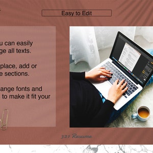 May include: A person is working on a laptop computer, editing a resume. The laptop is open and the screen shows a resume template. The person is sitting on a white fluffy rug with a cup of coffee next to them. The text on the image reads "Easy to Edit" and "321 Resume".