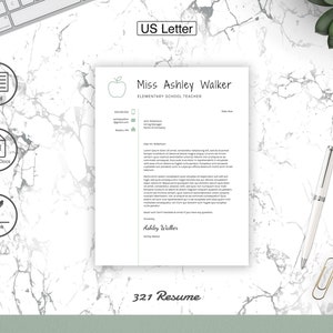 May include: A white letterhead template with a green apple icon and the text "Miss Ashley Walker, Elementary School Teacher". The template is designed for use with Microsoft Word, Google Docs, or Pages.