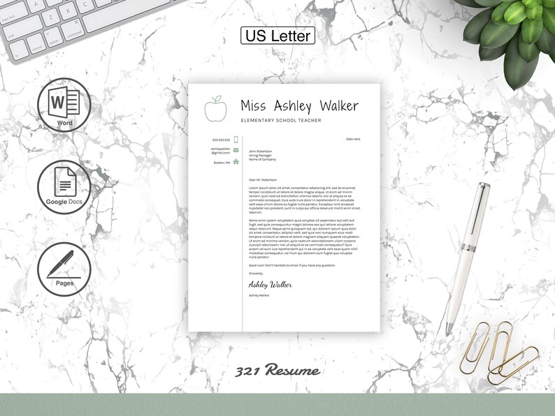 May include: A white letterhead template with a green apple icon and the text "Miss Ashley Walker, Elementary School Teacher". The template is designed for use with Microsoft Word, Google Docs, or Pages.