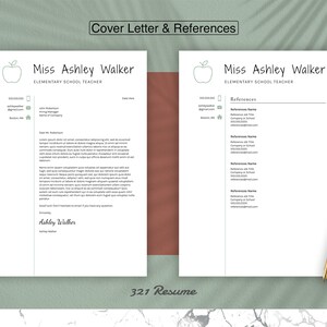 May include: A cover letter and references template for an elementary school teacher. The template features a green apple icon and the text "Miss Ashley Walker, Elementary School Teacher".