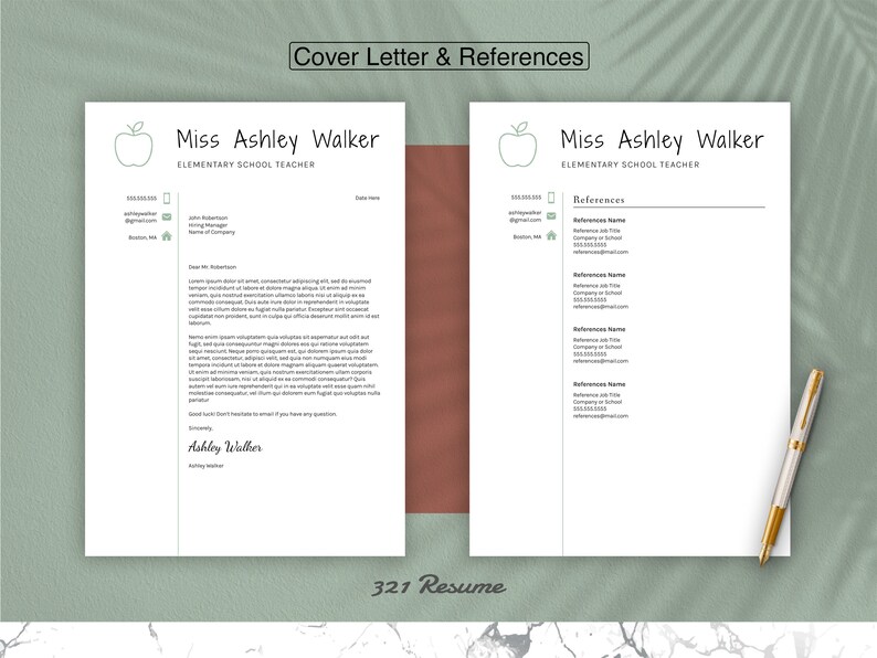 May include: A cover letter and references template for an elementary school teacher. The template features a green apple icon and the text "Miss Ashley Walker, Elementary School Teacher".