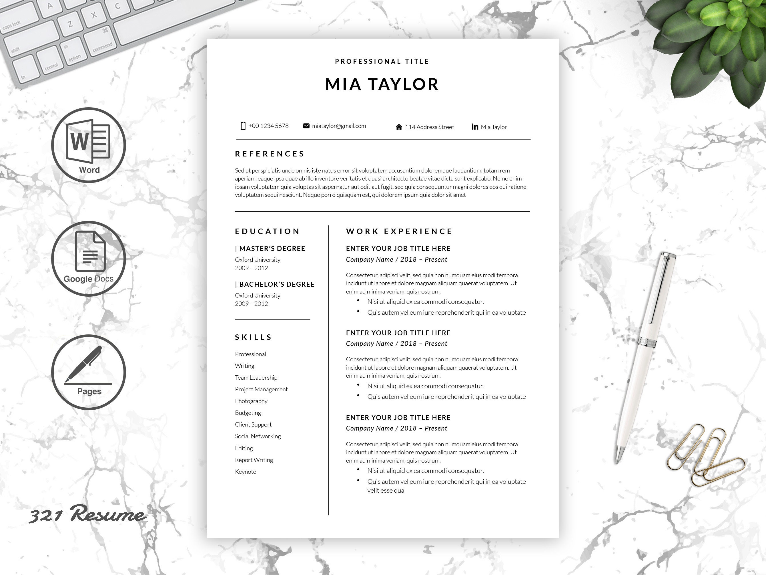 Simple Resume Template for Google Docs, Word and Pages. Modern Resume ...