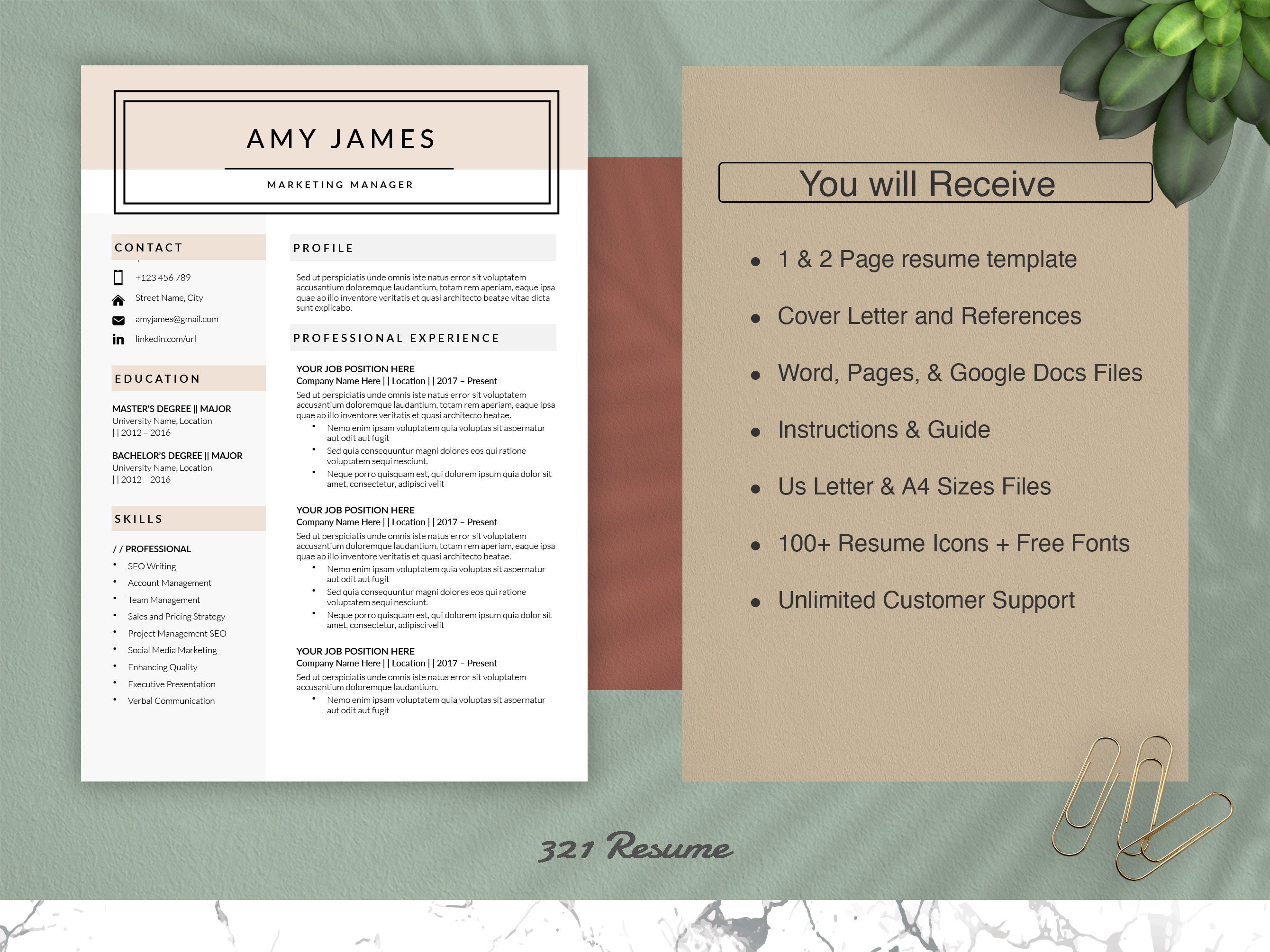 Marketing Resume Template for Word Google Docs Pages. Modern & Colorful ...