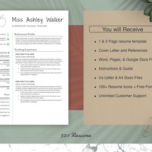 May include: A resume template for elementary school teachers. The template includes a professional profile, teaching experience, education and credentials, and core competencies. The text "You will Receive" is highlighted in a box, and a list of items included in the template is provided below. The items include a 1 and 2 page resume template, cover letter and references, Word, Pages, and Google Docs files, instructions and guide, US letter and A4 sizes files, 100+ resume icons and free fonts, and unlimited customer support.