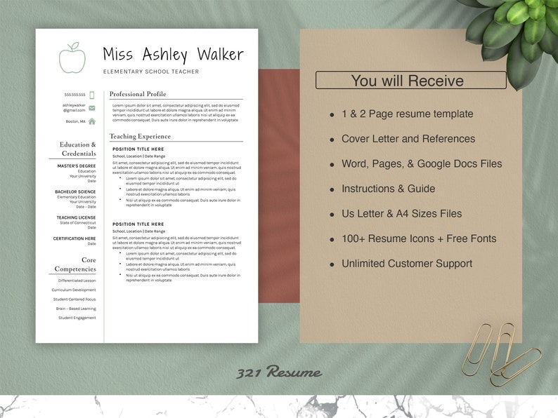 May include: A resume template for elementary school teachers. The template includes a professional profile, teaching experience, education and credentials, and core competencies. The text "You will Receive" is highlighted in a box, and a list of items included in the template is provided below. The items include a 1 and 2 page resume template, cover letter and references, Word, Pages, and Google Docs files, instructions and guide, US letter and A4 sizes files, 100+ resume icons and free fonts, and unlimited customer support.