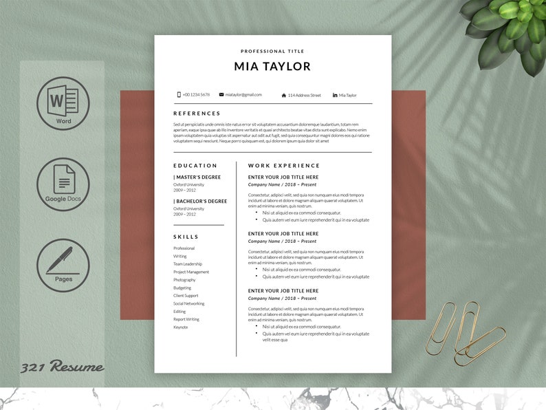 Simple Resume Template for Google Docs, Word and Pages. Modern Resume ...